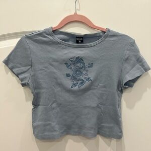 Stylish Blue Dragon Embroidered cropped baby tee